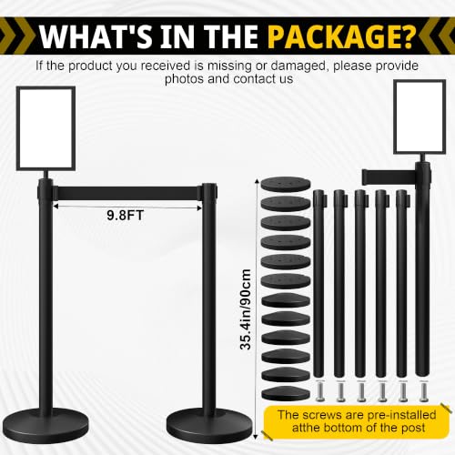 6-Pack Black Stainless Steel Crowd Control Stanchions, 9.8 ft Retractable Black Safety Belts with 1 Sign Holder(Black Belt) - color: Black stanchions w Black Belt, size: 6 pcs