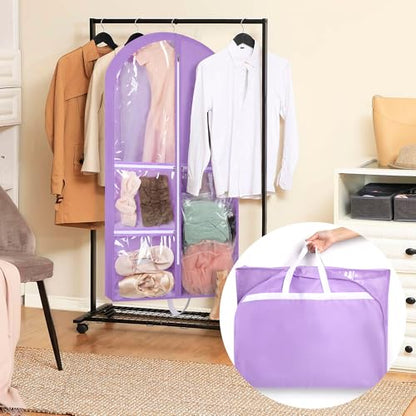 Linodes Dance Costume Bags Garment Bag 40'' for Dance Travel/Competition Storage with 4 Medium Clear Zipper Pockets and 1 Large Back Zipper Pocket-Fabric & PVC (Purple-Fabric & PVC, 40''- 6 Pack)