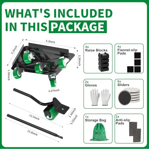 Heavy Duty Furniture Dolly 360 Rotate 5 Wheels 3000 Lbs Capacity 5.3x5.3 in | Furniture Movers with Green Wheels, 6 Sliders, Alloy Steel Furniture Lifter Tool for Smooth Home & Office Uses - color: Green, size: 5.3x5.3 IN-6 Sliders