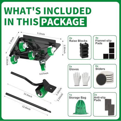 Heavy Duty Furniture Dolly 360 Rotate 5 Wheels 3000 Lbs Capacity 5.3x5.3 in | Furniture Movers with Green Wheels, 6 Sliders, Alloy Steel Furniture Lifter Tool for Smooth Home & Office Uses - color: Green, size: 5.3x5.3 IN-6 Sliders