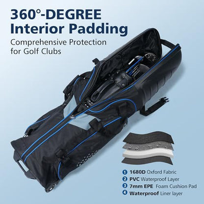Golf Travel Bags for Airlines with Wheels, Hard Case Top and 1680D Heavy Duty Oxford Protect Golf Clubs, Lightweight and Easy to Maneuver - color: Black & Blue