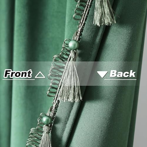 Fazhesici Green Velvet Blackout Curtains, Rod Pocket 2 Panels, 52”W x 63”H | Velvet Drapes with Tassels, Thermal Soundproof Blackout Curtains for Living Room - color: Dark Green, size: 52"W x 63"L (Pack of 2)
