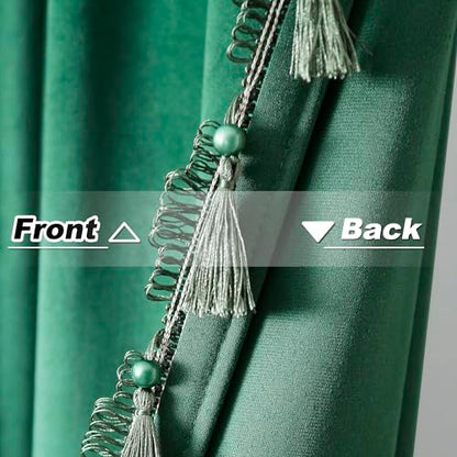 Fazhesici Green Velvet Blackout Curtains, Rod Pocket 2 Panels, 52”W x 63”H | Velvet Drapes with Tassels, Thermal Soundproof Blackout Curtains for Living Room - color: Dark Green, size: 52"W x 63"L (Pack of 2)