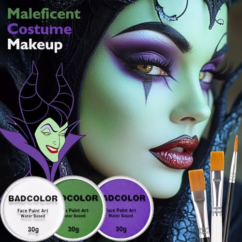 White Green Purple Face Body Paint, Face Painting Kit with Brushes for Beetlejuice & Frankenstein Halloween Makeup, Facepaints for Witch Ursula Maleficent Costume Cosplay & Monster Skeleton SFX Makeup - color: White+Light Green+Light Purple+3Pcs Brushes