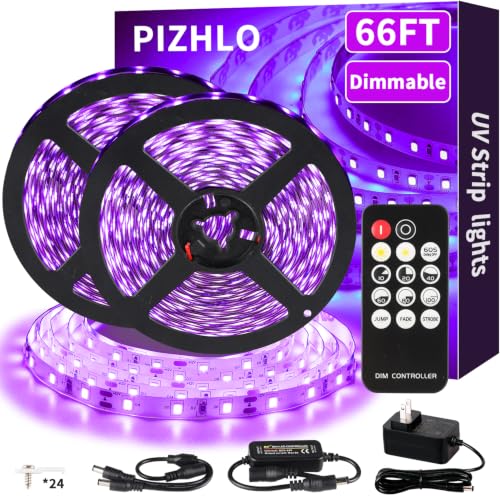 66 Foot Black Light Strips & Remote, Dimmable Flexible 1200 LEDs | 12V Blacklights Strip for Halloween Glow Party Body Paint Birthday Bedroom Room Fluorescent Tapestry Poster Indoor - size: 20 m