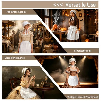 2Pcs Women Vintage Colonial Costume Accessory Set, White Bonnet & Waist Apron, Pioneer Amish Pilgrim Cosplay Outfit for Adult Halloween Renaissance Fair