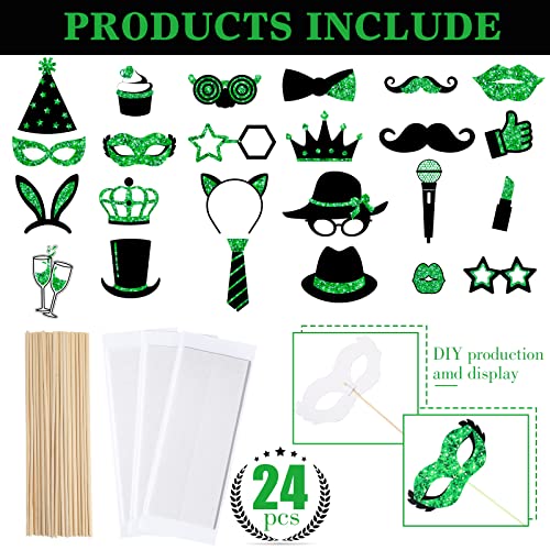 Zonon 24 Pcs Photo Booth Props Set Black Gold Birthday,Green and Black | Props on Sticks for Wedding, Reunion, Prom, Includes Mustache, Hats, Glasses, Ties, Lips, Crowns, Fun Party Accessories - color: Green and Black