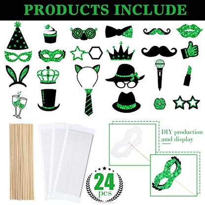 Zonon 24 Pcs Photo Booth Props Set Black Gold Birthday,Green and Black | Props on Sticks for Wedding, Reunion, Prom, Includes Mustache, Hats, Glasses, Ties, Lips, Crowns, Fun Party Accessories - color: Green and Black