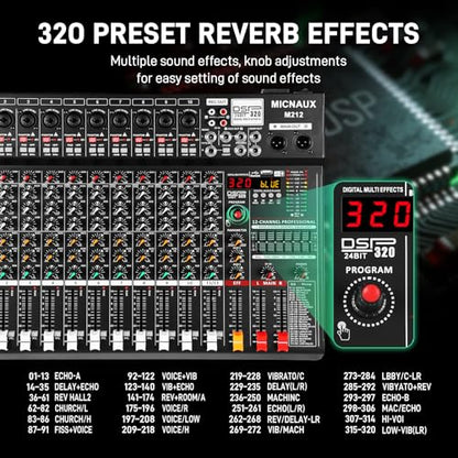 Audio Mixer 12 Channel Professional Sound Console Music Mixer with 320 DSP Effects, 7-band EQ DJ Mixing Board w/USB, Bluetooth, 48V Power Supply, PAD Button for Recording Karaoke PA Drum Live - size: 12 Channel - 17.4in