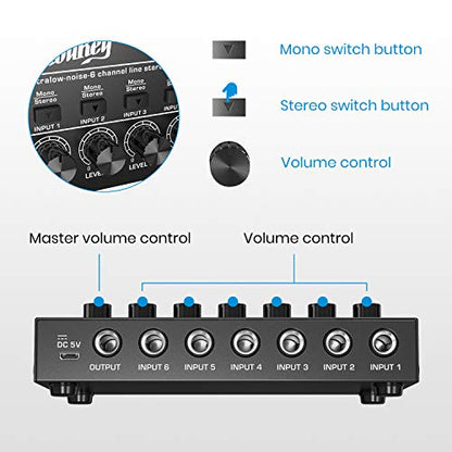 Moukey Audio Mixer, DC 5V, 6 Stereo Ultra, Low Noise 6 Channel Line Mixer for Sub-Mixing, for Small Clubs or Bars, As Guitars, Bass, Keyboards Mixer, MAMX2 - size: Medium (6-channel)