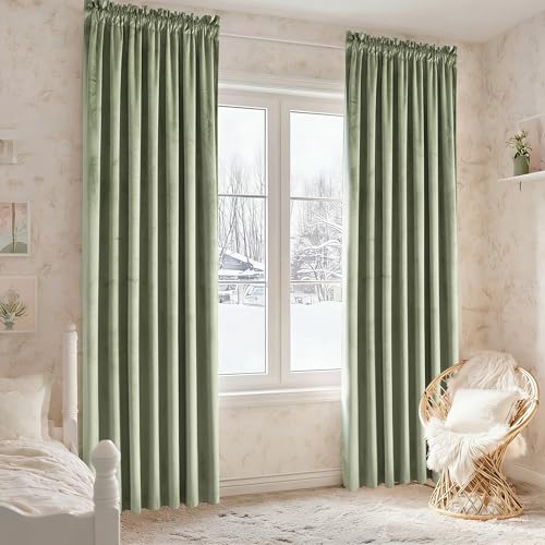 JIUZHEN Sage Green Velvet Blackout Curtains 42W x 63L 2 Panels - color: Sage Green, size: 42"W x 63"L (Pack of 2)