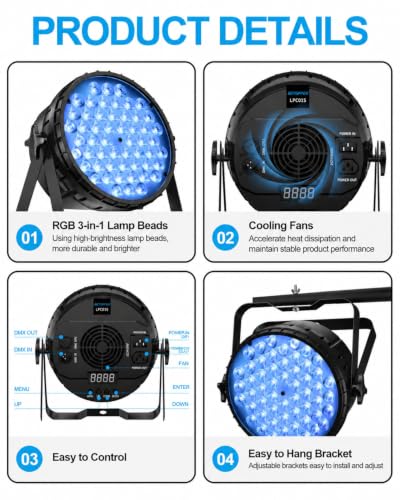 Betopper LPC015 54x3W RGB LED Par Light, DMX & Sound Activated, 1 Pack | Auto/Sound/DMX512/Master/RDM,Lighting range 5M,optical angle 26°,rich color effects,for Wedding,Church,Party,Club,Concert