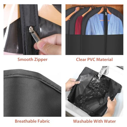 Univivi Garment Bag Suit Bag for Storage and Travel, 54 Inch, Set of 6 | Dress Bags for Gowns Long with Zipper and Clear Window, Oxford Fabrics, Foldable Suit Cover for Long Suits, Coats, Dresses - size: 24"X54"-6pcs - Black