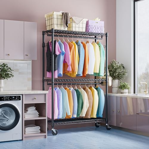 IZEUK Heavy Duty Rolling Garment Rack Wire Clothes Rack for Hanging Clothes (Black, 3 Tier with 2 Rod, 15.7" D x 45.3" W x 79.6" H) - color: Black, size: 3 Tier with 2 Rods, 15.7"D x 45.3"W x 79.6"H