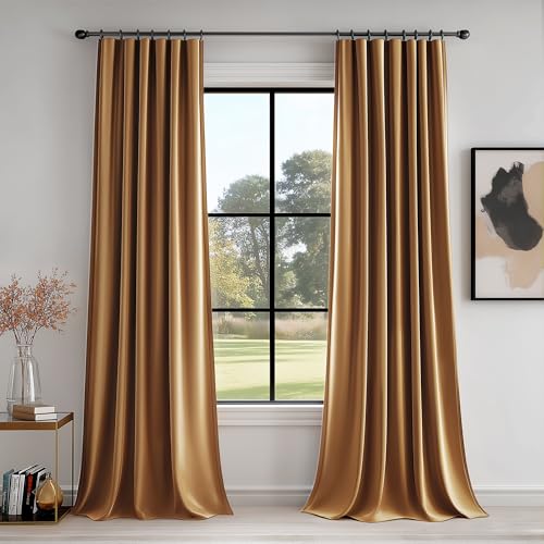 FMFUNCTEX Velvet Blackout Curtains Gold Brown Thermal Insulated Curtains for Bedroom Living Room Darkening Curtains 84 Inches Long Soft Luxury Heavy Rod Pocket Brown Drapes Dining Room 2 Panels Set - color: Gold Brown, size: 52"W x 84"L (Pack of 2)