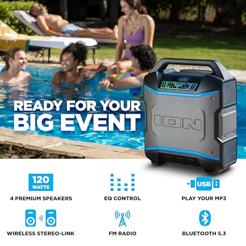 ION Block Rocker 120W Bluetooth Outdoor Speaker with Wheels | Water Resistant, Radio, Karaoke Mic, USB Charging, Stereo Linking, Bass Boost and App Control, for Parties and Outdoor Events - style: 120W water-resistant