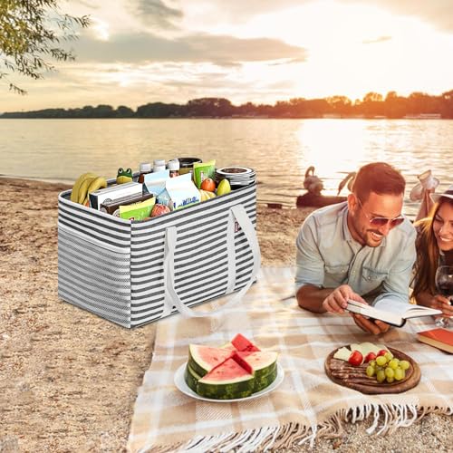 LHZK 2 Pack Utility Tote Bag with Metal Wire Frame and the Sides Rinforced, Large Tote Bag with Handle, Reusable Grocery Bags Foldable, Beach Bag, Car Tote, Black, 18.5''x11.8''x11.5'' - color: Black/White, size: 18.5''x11.8''x11.5''-2 Pack