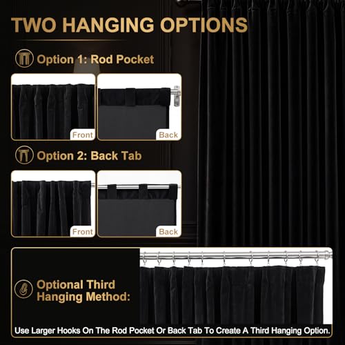 Batiyeer 100" w x 96" L Extra Wide Home Theater Curtains, Velvet Blackout Curtain Panel, 380 GSM Heavyweight Black Velvet Drapes, 95% Room Darkening Curtains for Home Theater, Stage, Villa, 1 Panel