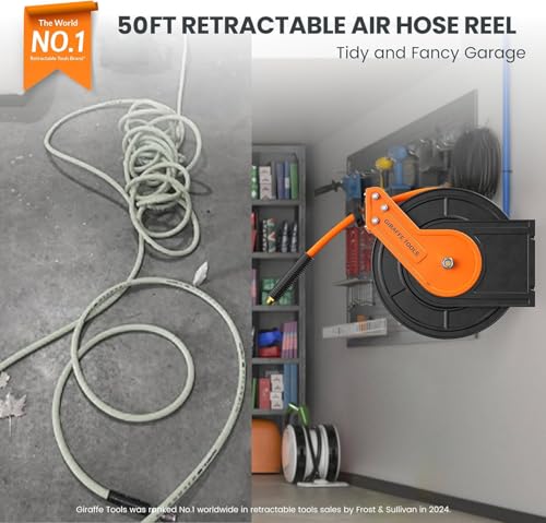 Giraffe Tools Retractable Air Hose Reel 50ft 3/8" Hybrid Hose Garage | All-weather Flexible -40°F to 150°F, 300 PSI Steel Frame, Wall/Ceiling Mount, Easy Install, for Home Garage Tire Inflation - size: 50ft