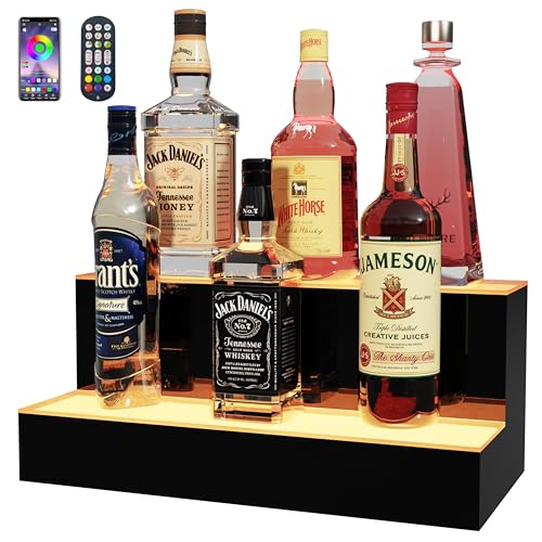 MESAlLUP 16 Inch 2 Tier Lighted Liquor Bottle Display Shelf, LED Bar Shelves with APP or Remote Control, Mulit Color Lighting for Home Mini Bars Decor, Restaurants & Party Use, Acrylic Stand - size: 2 Tiers 16 inches