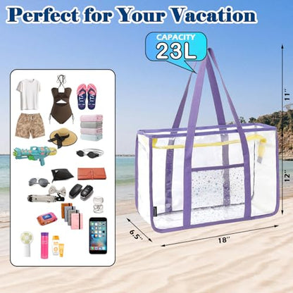 Fammart Clear Beach Bag for Women, Large Pool Tote Cruise Vacation Essentials - Zipper Closure, Waterproof, Sandproof - color: Purple