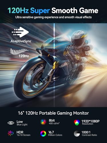 UPERFECT 16” Portable Gaming Monitor | 120HZ, HDR | 400Nits |1080P IPS | Ultra-Slim & Lightweight | Aluminum Alloy | Smart Cover & VESA | Travel External Second Screen for Laptop, PC, Game Console