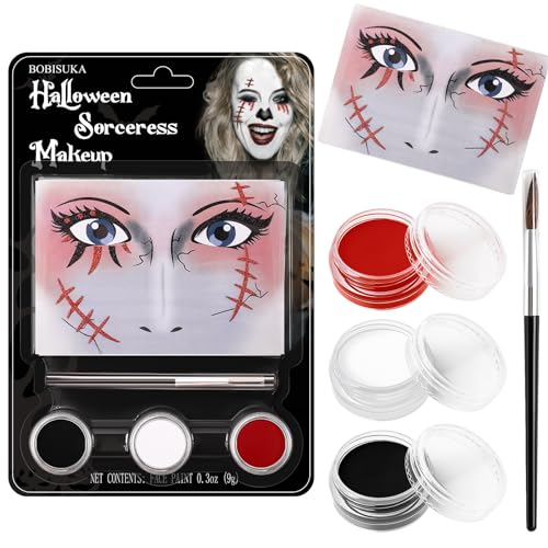 White Black Red Face Paint Clown Sorceress Halloween Makeup Kit Character Set for Kids Adults, Safe Non-Toxic Face Paint Kit for Costume Parties, SFX Makeup, Dress Up & Cosplay - color: Clown/Sorceress