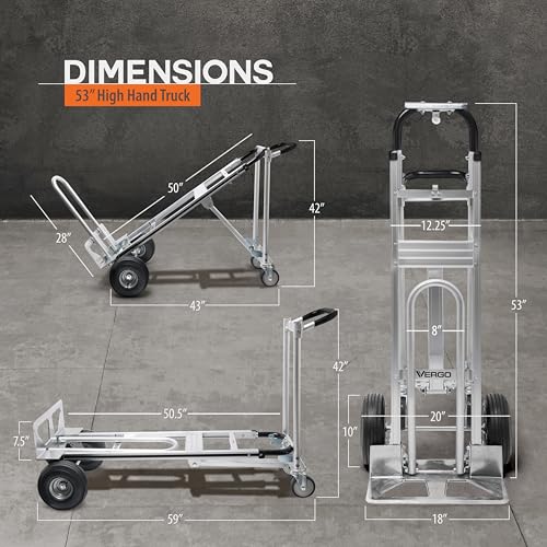 Vergo Industrial Convertible Hand Truck - AS7A2 Heavy Duty Aluminum 3 in 1 Dolly (750 lb Capacity) Lightweight Frame, Ergonomic Handle, Extendable Loop, Versatile Moving Dolly (3 Positions 53" High) - size: 3 Positions 53" High
