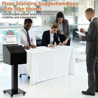 lesolar Suggestion Box with Stand, Floor Standing Offering Box with Wheels | Heavy Duty Metal Ballot Collection Box, Donation Box with Sign Holder, Ballot Box with Slot & Lock for Voting Charity Church