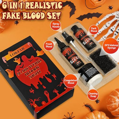 5PCS Halloween Fake Blood Makeup Kit, Fake Blood Spray 50ML + Dripping Blood 50ML + Coagulated Blood 1.41oz + Stipple Sponge + Cleansing Soap, Fake Blood Washable for Clothes Face Vampire SFX Makeup - color: Dark + Fresh (5PCS Kit)