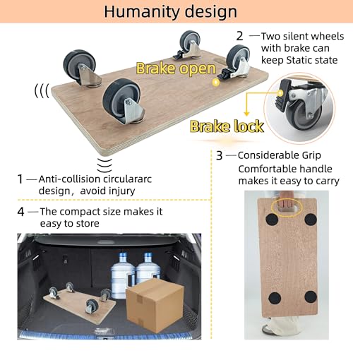 Furniture Dolly 4 Wheels, Furniture Movers, 2 Packs 2200 lb Load Capacity Heavy Duty Real Wood Dolly, Multifunctional Moving cart with 4 Soft Rubber Silent Wheels （2 with Brake+ 2 Without） - size: Real Wood Dolly with Brake Wheels