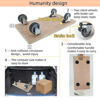Furniture Dolly 4 Wheels, Furniture Movers, 2 Packs 2200 lb Load Capacity Heavy Duty Real Wood Dolly, Multifunctional Moving cart with 4 Soft Rubber Silent Wheels （2 with Brake+ 2 Without） - size: Real Wood Dolly with Brake Wheels