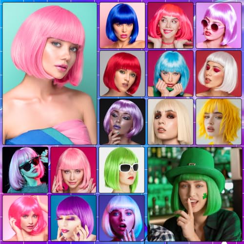 Short Bob Straight Hair Wigs with Bangs, Heat Resistant Fiber Hair, Star-shaped Glasses for Women (Sky Blue) - color: Sky Blue