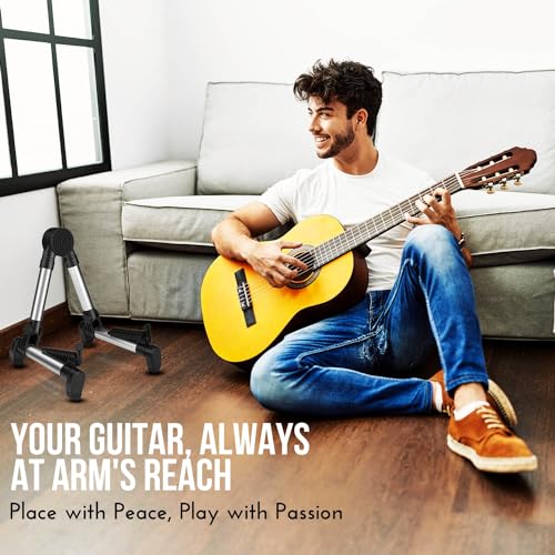 Flexzion Guitar Stand Folding Adjustable A-Frame Floor Portable Instrument Stand Rack Holder for Acoustic Electric Classical Guitar and Bass, Violin, Ukulele, Banjo, Mandolin Portable Lightweight | Portable Aluminum-Alloy Frame Weighs Less Than 1 Lb and F
