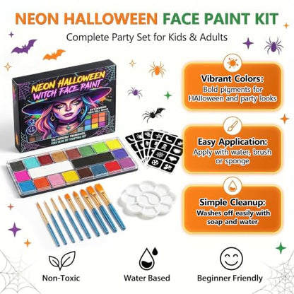 Face Paint,20 Colors Face Paint - Face Painting Kit,Water Based Face Painting Kit for Kids Party with 10 Brushes 5 Sticker Stencils and Paint Tray, Body Paint for Kids and Adults Halloween Makeup