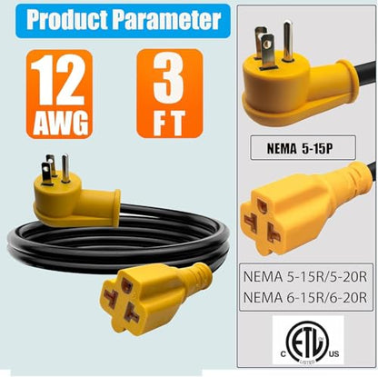 Waterproof 3ft 15 Amp Household to 20 Amp AC Power Adapter Cable | 12/3 Outdoor Extension Cord Flat Plug,NEMA 5-15P to 5-20R/6-15R/6-20R,15A 125V to 20A 250V Heavy Duty Extension Cable - size: 3FT extension cord