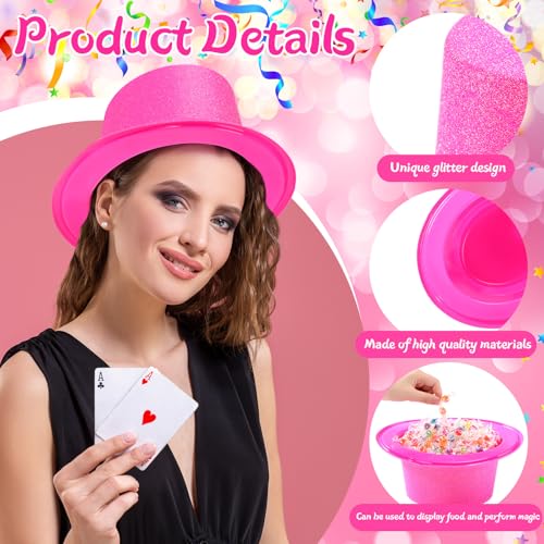 Hillban 12 Pack Hot Pink Top Hats Party Shiny Plastic Glitter Sequin Hat Disco Costume Accessories Bulk for Glow Wedding Party Supplies Magician Carnival Celebration Birthday Valentines - color: Hot Pink, style: Classic