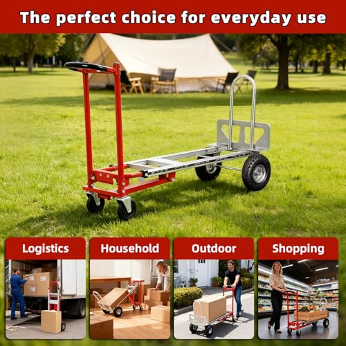 Aluminum 4 in 1 Convertible Hand Truck Dolly, 1000Lbs Capacity, Heavy Duty Folding Hand Truck Dolly Cart with Wheels 10" All-Terrain Tires, Hand Trucks for Logistics, Home, Office, School, Red - color: Red