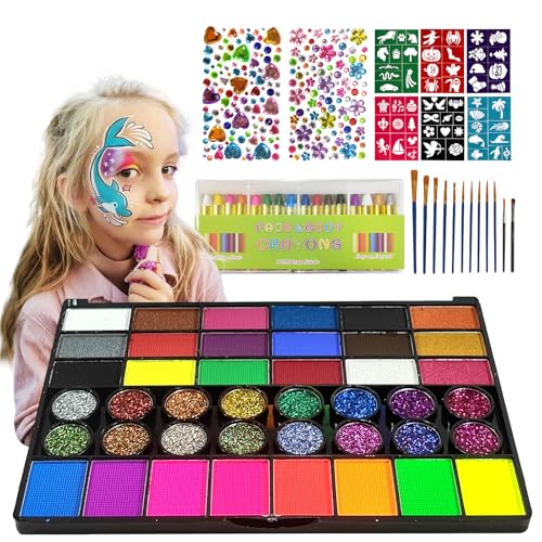 SAM SUGAR Face Painting for Kids 42 Colors Non-Toxic Vibrant Colors Professional kids face painting with 16 Crayons 56 Sticky Stencils 12 Paint Brushes for Halloween Parties