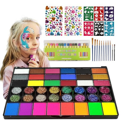 SAM SUGAR Face Painting for Kids 42 Colors Non-Toxic Vibrant Colors Professional kids face painting with 16 Crayons 56 Sticky Stencils 12 Paint Brushes for Halloween Parties