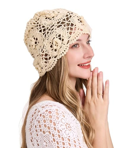 ZLYC Women Cotton Crochet Slouchy Beanie Hat Handmade Knit Summer Skull Cap | Lightweight breathable,boho casual chic look,travel photos festival party,café commute daily wear,beach concert gathering - color: Decorative Flowers Beige