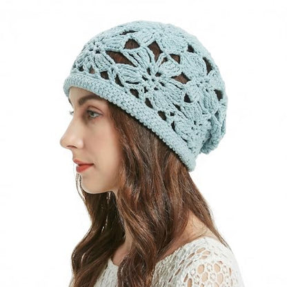 ZLYC Women Cotton Crochet Slouchy Beanie Hat Handmade Knit Summer Skull Cap | Lightweight breathable,boho casual chic look,travel photos festival party,café commute daily wear,beach concert gathering - color: Crochet Blue