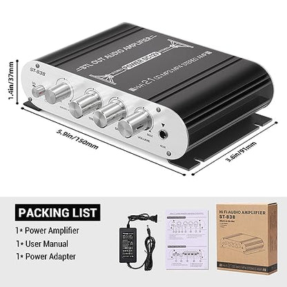 Facmogu ST-838 2.1CH Mini Amplifier, RMS 20Wx2 + 40W Passive Subwoofer Amp | Bass & Treble Control | RCA/AUX Input | Compact Stereo Audio Receiver for Home, Car & DIY Speakers | w/Power Supply - Black - color: ST-838 Black (20Wx2 + Passive Subwoofer)