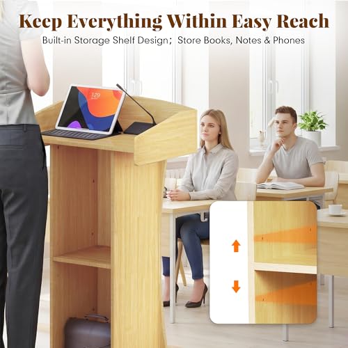 Podium Stand with Metal Wheels Wooden Lectern Podium Stand Portable Pulpit Standing with Storage Mobile Reception Podiums Desk for Church Office School Conference Restaurant Meeting,Oak - color: Wood