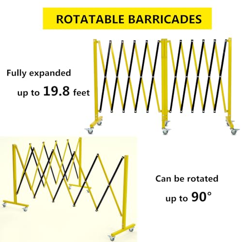 Garvee 19.8 ft Industrial Expandable Metal Barricade, Rotatable & Portable Safety Barrier with a Warning Board and Casters, Retractable Traffic Fence Mobile Safety Barrier Gate Yellow Black - size: 19.8FT