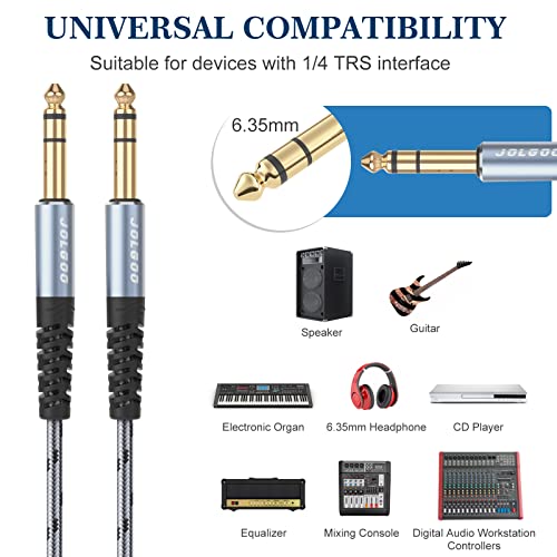 JOLGOO 1/4 Inch TRS Cable 10ft 2-Pack, 1/4 Inch Guitar Cable 10 Ft, 6.35 Balanced Interconnect Line for Electric Guitar, Bass, Keyboard, Mixer, Amplifier, Speaker, Electric Mandolin, pro Audio - color: Grey, size: 10 Feet, style: TRS Cable 2-Pack