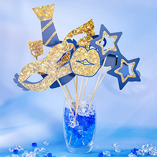 Zonon 24 Pcs Photo Booth Props Set Black Gold Birthday,Gold and Navy Blue | Props on Sticks for Wedding, Reunion, Prom, Includes Mustache, Hats, Glasses, Ties, Lips, Crowns, Fun Party Accessories - color: Gold and Navy Blue