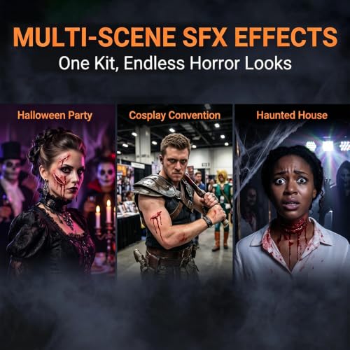 SFX Makeup Kit Fake Blood Scar Wax Liquid Latex Cosplay Set | All-in-one Halloween SFX makeup kit for zombie & vampire cosplay costumes stage performance