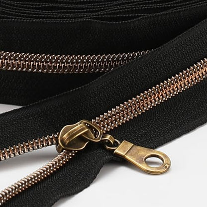 Sawoake 10 Yards Bulk Zipper(#5), Black Nylon Coil Zipper with Antique Brass Teeth by The Yards, Replacement Sewing Zipper with 10PCS Zipper Sliders for DIY Sewing Craft Bags(#5 Antique Brass Black) - color: AntiqueBrass-Black
