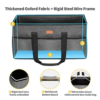LHZK Stand Up Extra Large Utility Tote Bag with Lid, Utility Tote Bag with Metal Wire Frame and the Sides Rinforced, Reusable Grocery Bags Foldable, Beach Bag, Car Tote (Gray) - color: Gray, size: 22.5''x10.3''x12''-1 Pack